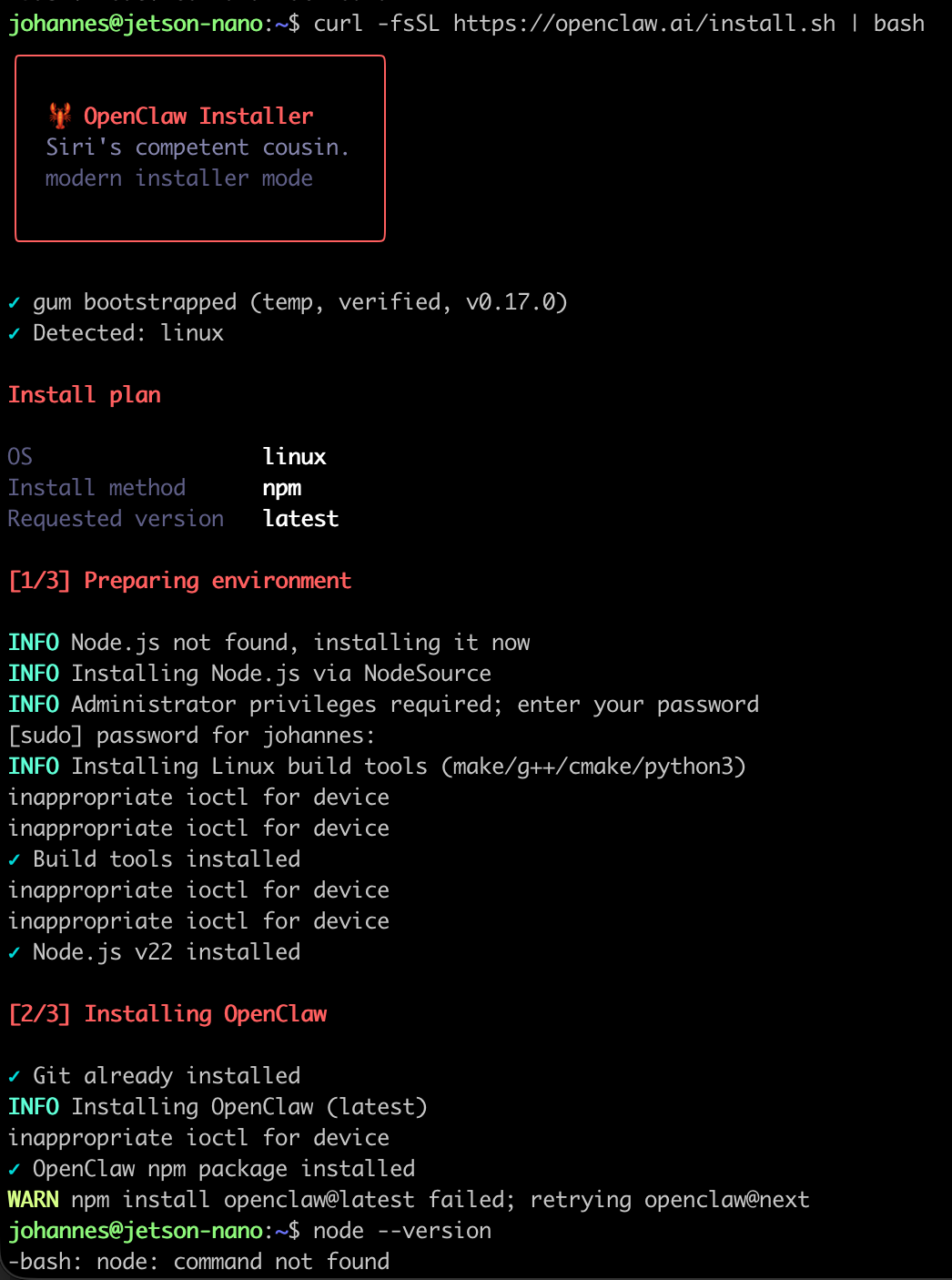 Screenshot of the inappropriate ioctl for device error during OpenClaw installation